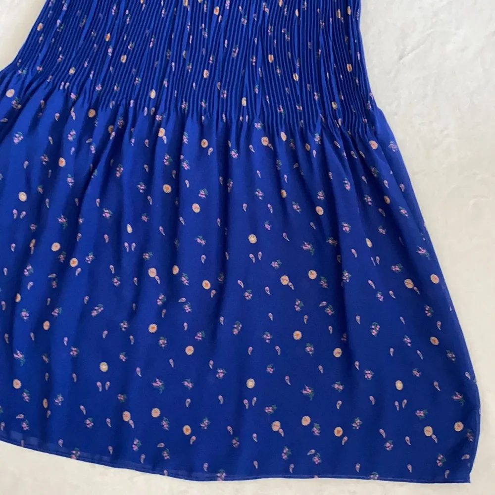 Vintage | Puff Sleeve Accordion Pleat Drop Waist Midi Dress Blue Floral Boho - Picture 15 of 16
